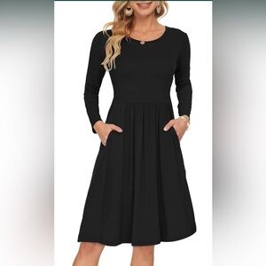 NWT AUSELILY Long Sleeve Pockets Waist Pleated Loose Swing Casual Flare Dress